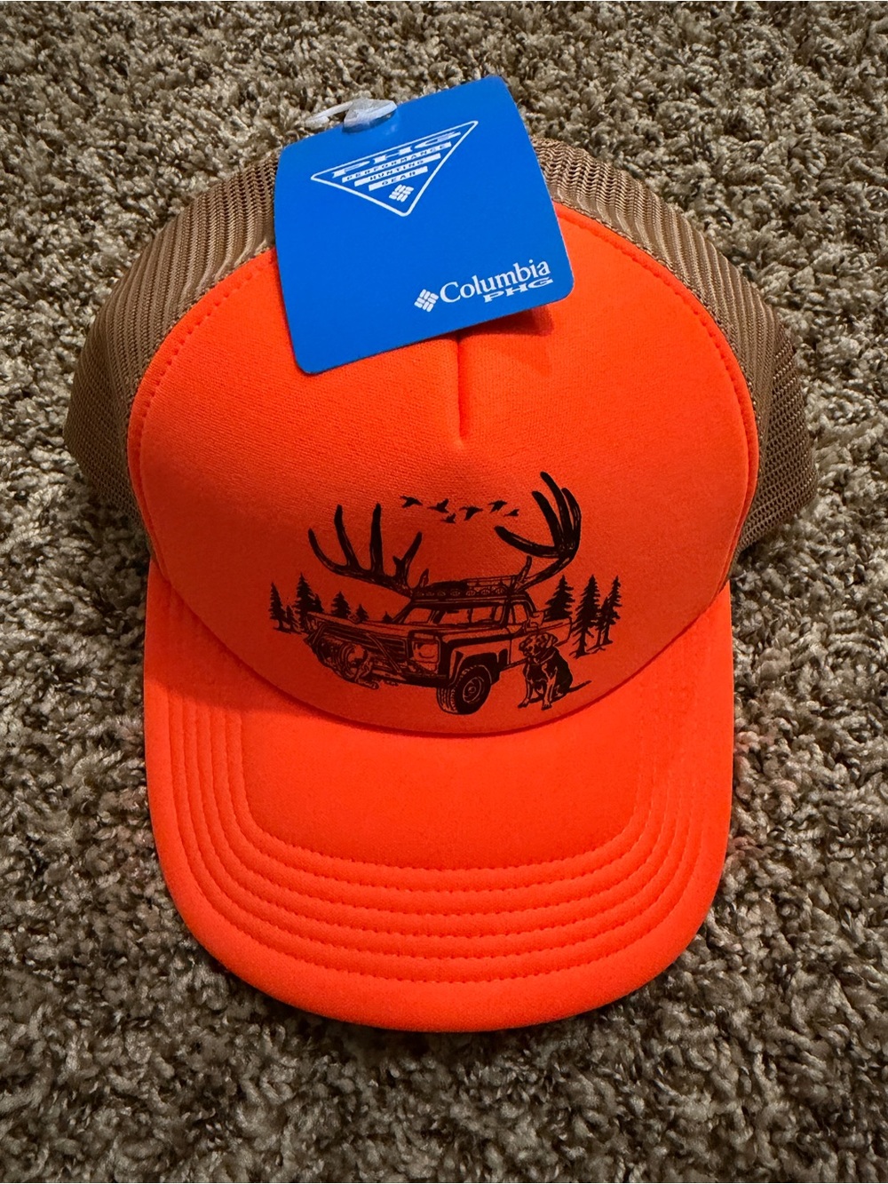 New Columbia PHG Timberbuck Truck Foam Trucker Hat Snap Back Hunter Orange & Tan